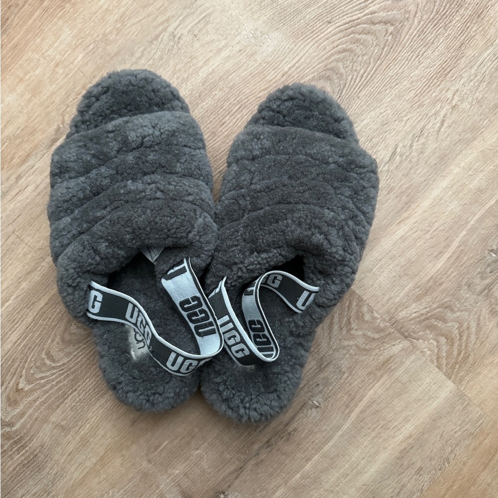 UGG Gray Fuzzy Slide Slippers with Branded Strap